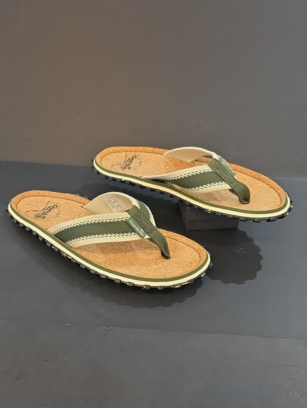 Gumbies Women's Cork Footbed Flip Flops in Olive Green and Tan Size 8